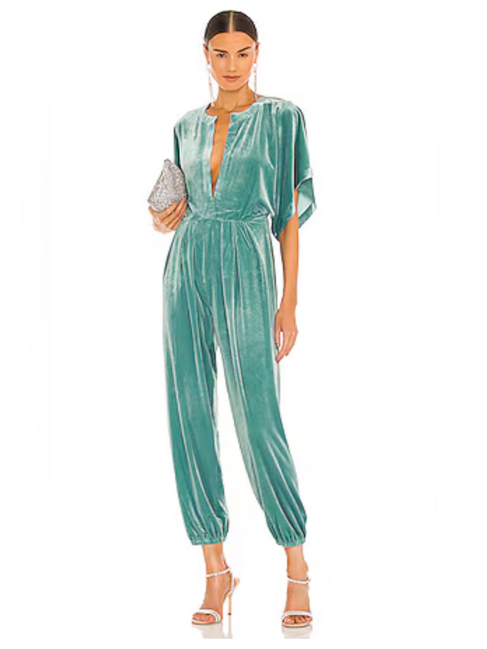 Norma Kamali Teal Velvet V-Neck Jumpsuit